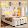Upholstered Bed, 90 X 200 Cm, Without Mattress, LED Lighting, with Hydraulic Lift, Adjustable Headboard, Velvet, Beige
