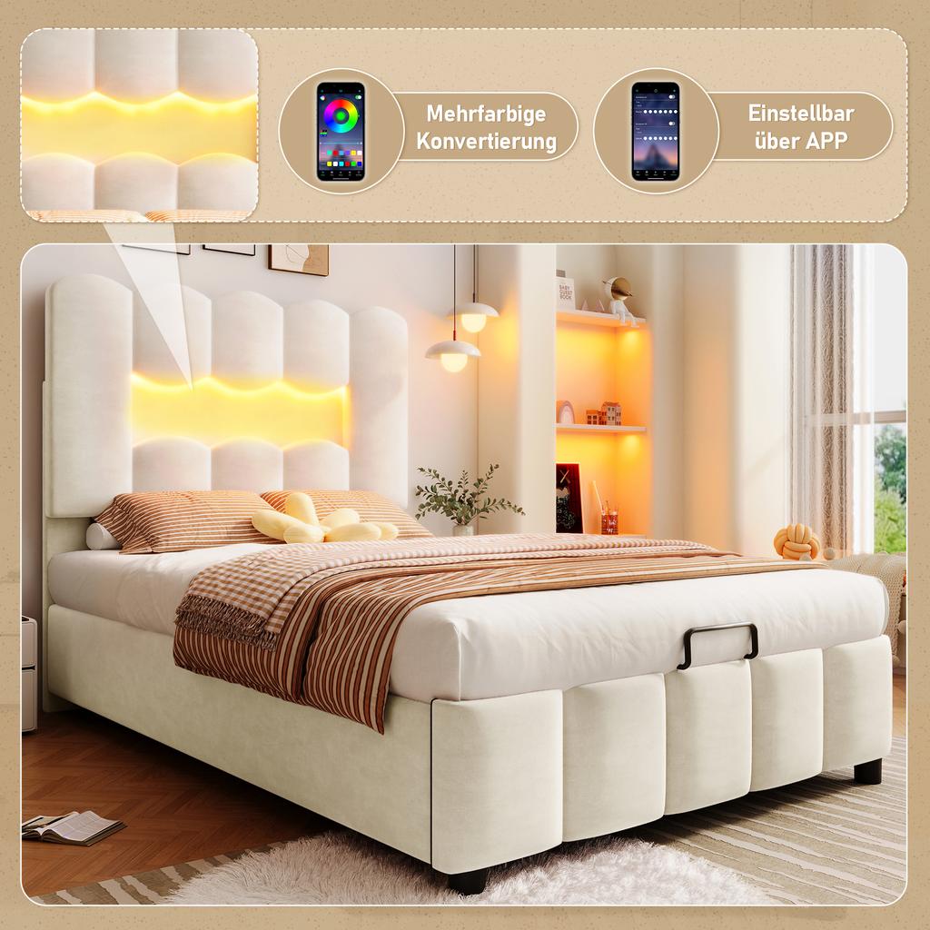 Upholstered Bed, 90 X 200 Cm, Without Mattress, LED Lighting, with Hydraulic Lift, Adjustable Headboard, Velvet, Beige