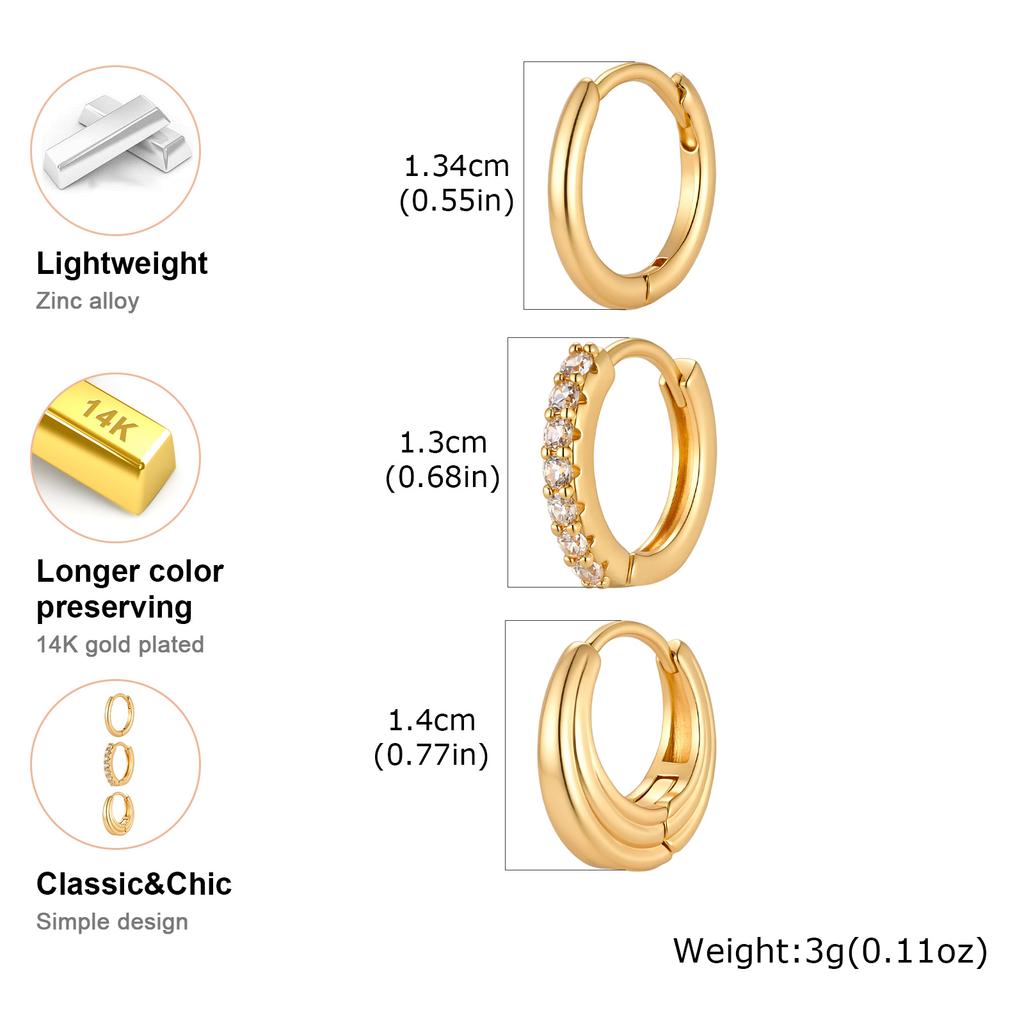 3 Pcs Gold Plated Hoop Set Earrings Zirconia Huggies Chunky Oval Stackable Women Hypoallergenic Helix Multiple Piercings