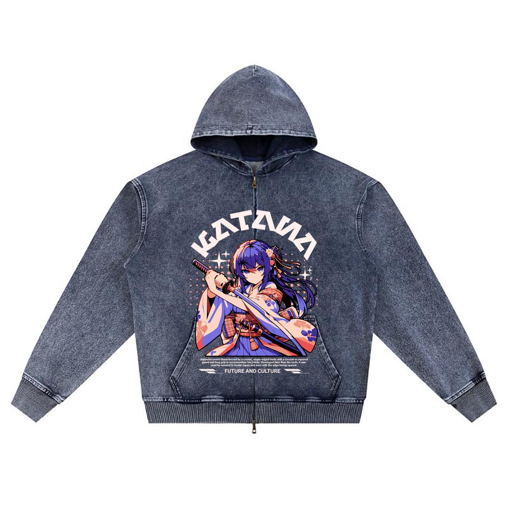 

DTG print Knitted Denim Zip-Up Hoodie Katana Anime Japanese Streetwear Brother Print Zipper Hoodies XL темно-синий