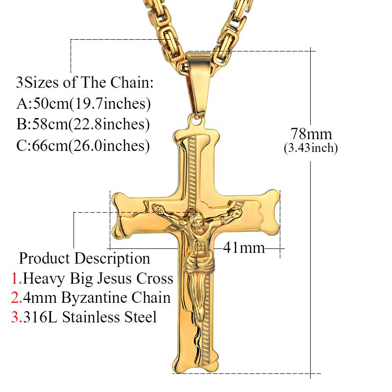 Stainless Steel Byzantine Chain Cross Pendant Male Gold Color Jesus Christ Crucifix Necklaces for Men Religious Jewelry Gift