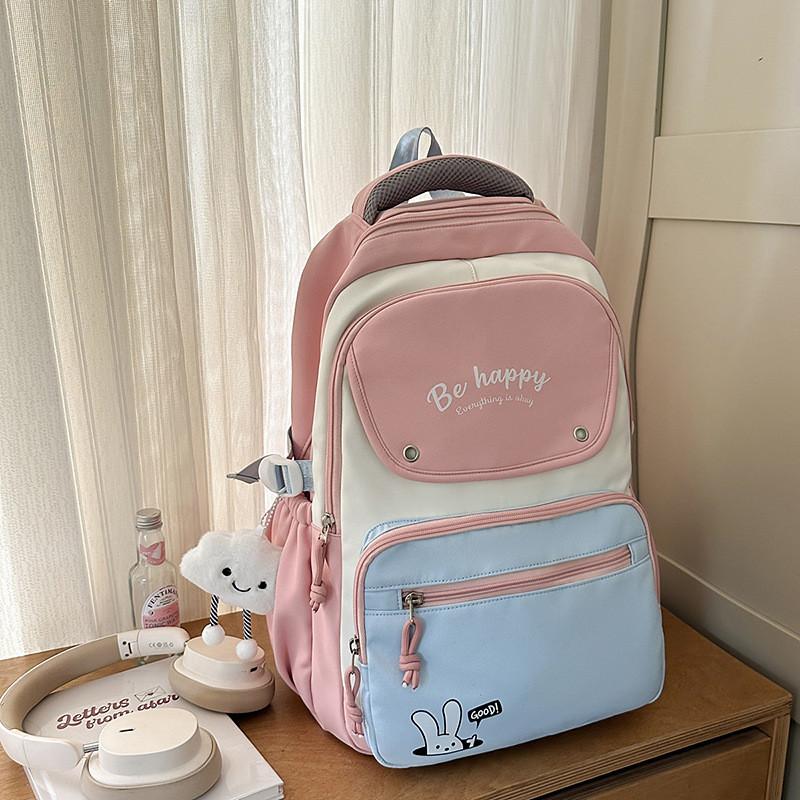 Lightweight Letter Nylon Backpack With Colorblock Design For Unisex Daily Use