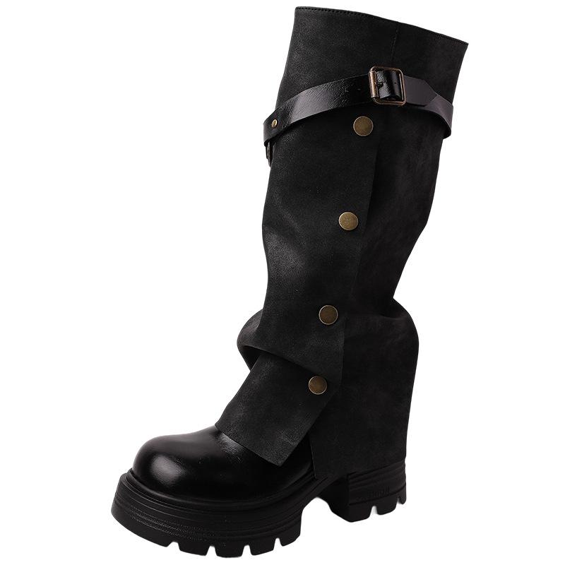 British Style But Knee Retro Maillard Heightening Boots Women's 2025 Autumn and Winter New Fat MM Fashion Trouser Boots