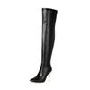 Elastic Knee Boots Spring and Autumn Pointed Head Patent Leather Tall Tube Black Zipper Thin Heel High Heel Women