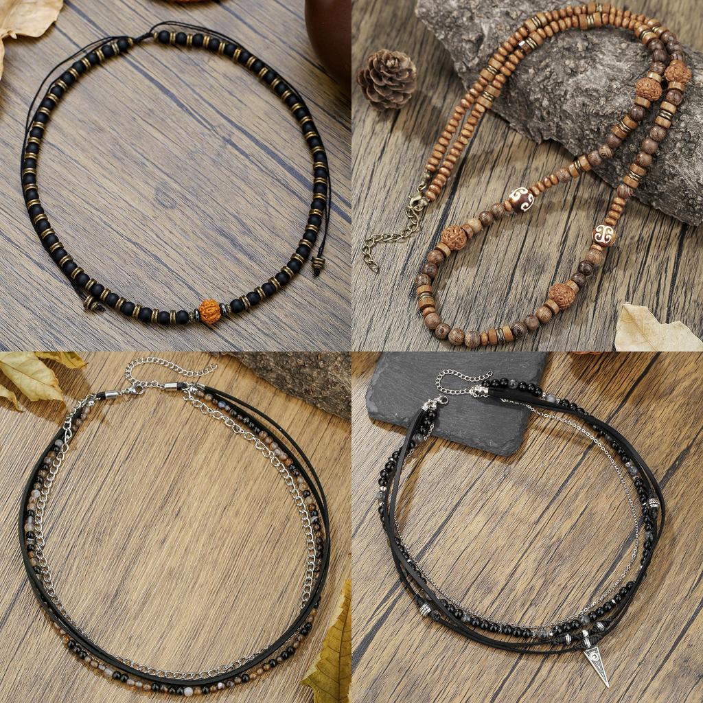 Geometric Leather Chain Necklace For Men With Handmade Design And Multilayer Style