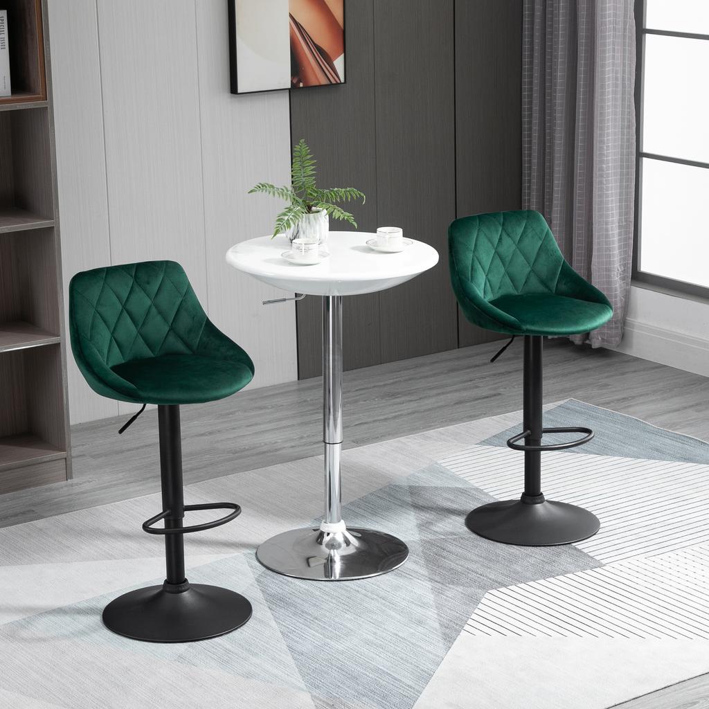 Set of 2 High Stools with Backrest and Footrest, Adjustable Kitchen Stools In Velvet, Metal Base, 46x48x83-104 Cm, Green