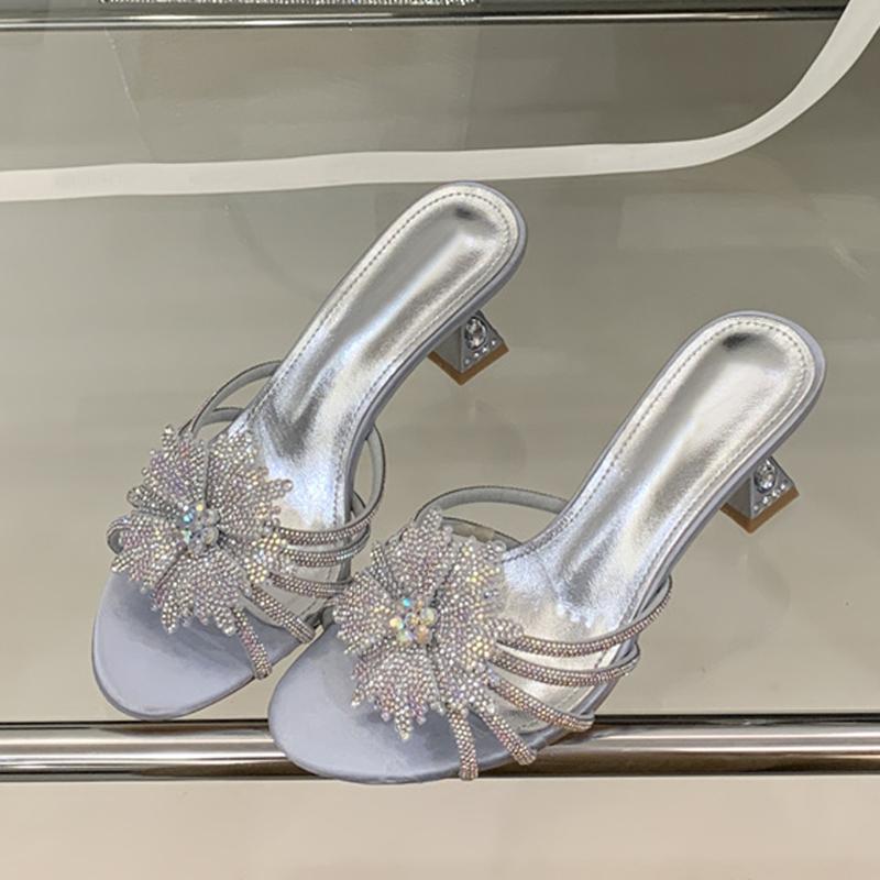 2025 New Gold Silver Crystal Gem Strange Low Heels Slippers Women Rhinestone Flowers Summer Party Prom Shoes Mules Sandals