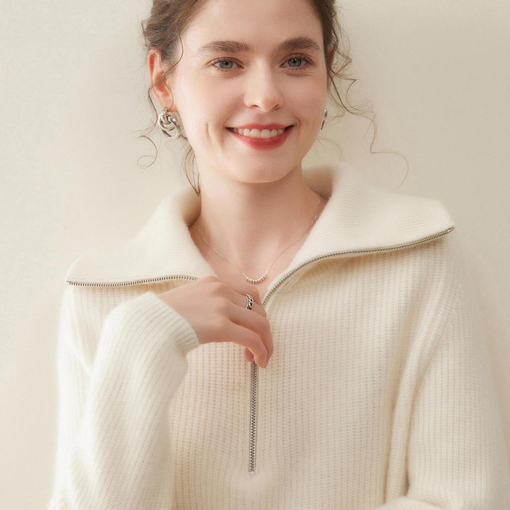 Women's Ribbed Knit Cashmere Lapel Half-Zip Sweater - Thick, Warm, Versatile, Loose Fit (2025)