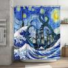 Funny Shower Curtain Brave Cat Cartoon Shower Curtain Waves Ocean Decor Fabric Shower Curtain Set with Hooks Bathroom Decoration