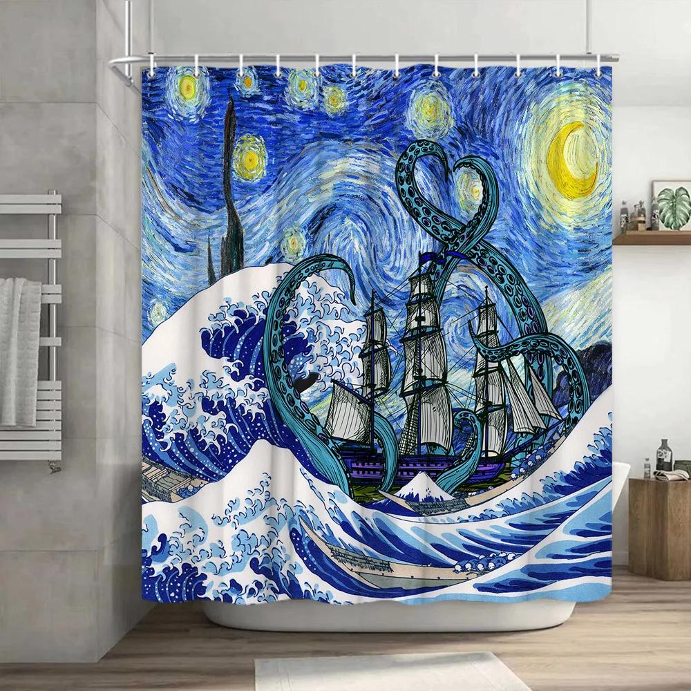 Funny Shower Curtain Brave Cat Cartoon Shower Curtain Waves Ocean Decor Fabric Shower Curtain Set with Hooks Bathroom Decoration
