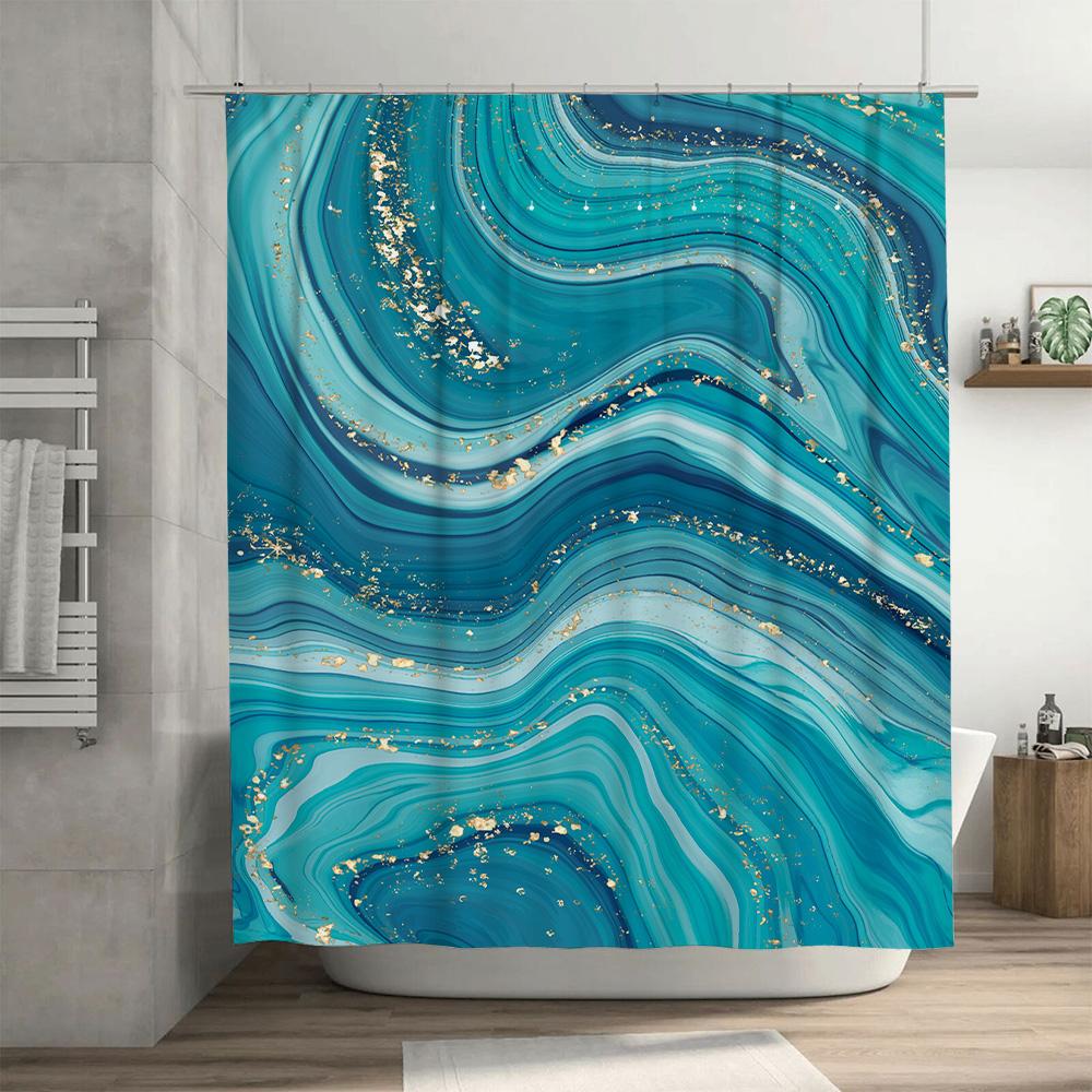 Blue Marble Shower Curtain Modern Luxurious Bathroom Decor For Kids Bathrooms Waterproof Fabric With Golden Accents (59 X 70 Inc