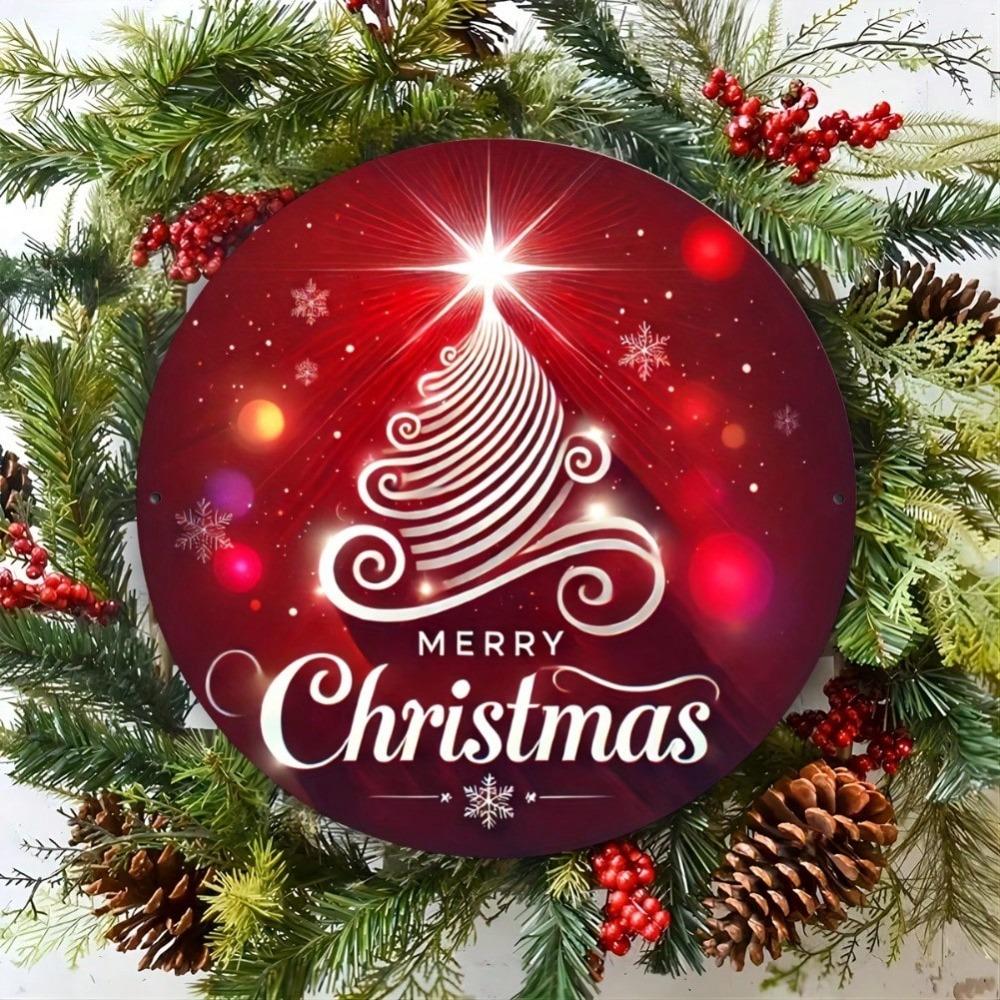Christmas Round Metal Tin Sign Vintage Wreath Wall Art Holiday Decoration Gift 8 Inch
