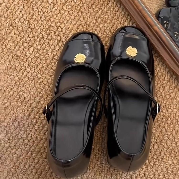 Sheepskin Version~ Heightening Small Leather Shoes Women's One-word Buckle Shallow Mouth Camellia Genuine Leather Single Shoes Round Head Commuting 