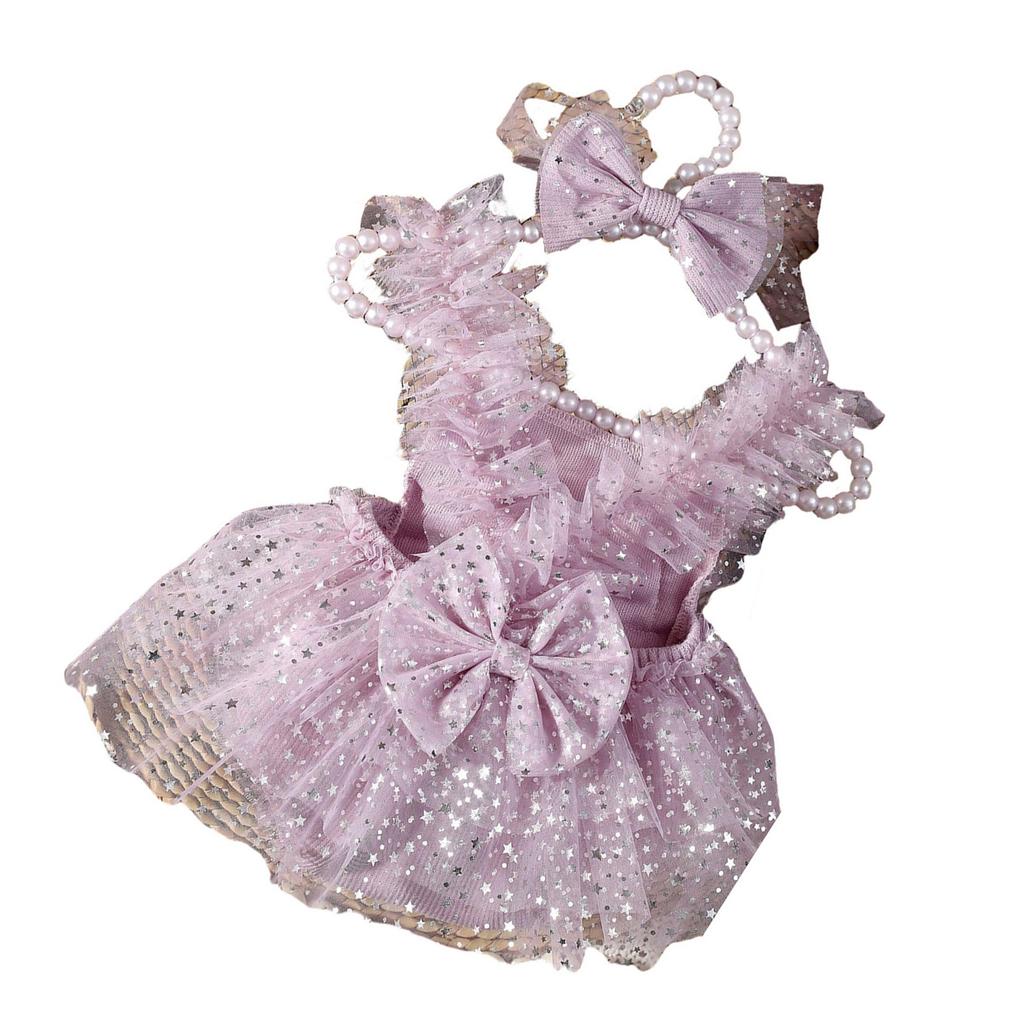 Infant Photography Outfit Dress Hairband with Delicate Bowknot and Sparkling Star Detailing for 0-3 Month Olds