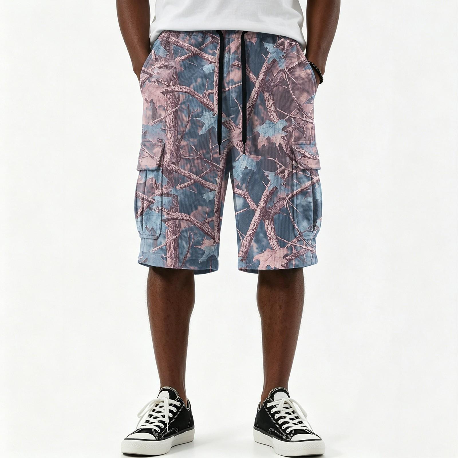 Men s Camouflage Print Shorts, Casual Drawstring with Multiple Pockets, Knee Length XXL