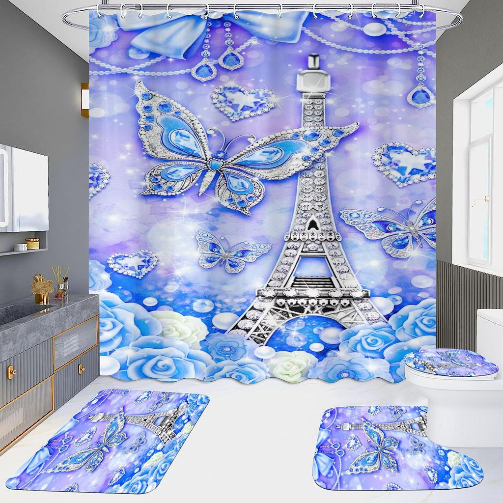 4-Piece Shower Curtain Set with HD Digital Printing | Waterproof, Drill-Free, Ideal for Home/Hotel Bathroom Partition