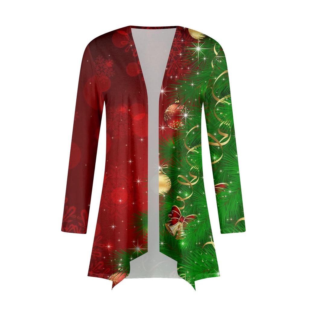 Damenmode, lässig, weihnachtlich bedruckt, mittellange Strickjacke