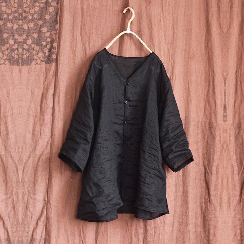 

Johnature женские винтажные рубашки в китайском стиле топы однотонные тонкие блузки летние рубашки на пуговицах с семью рукавами One Size чёрный