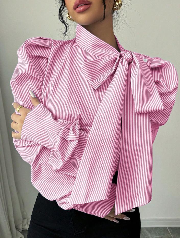 2026 Spring Women's Striped Casual Long-Sleeve Shirt with Ribbon Bubble Sleeves