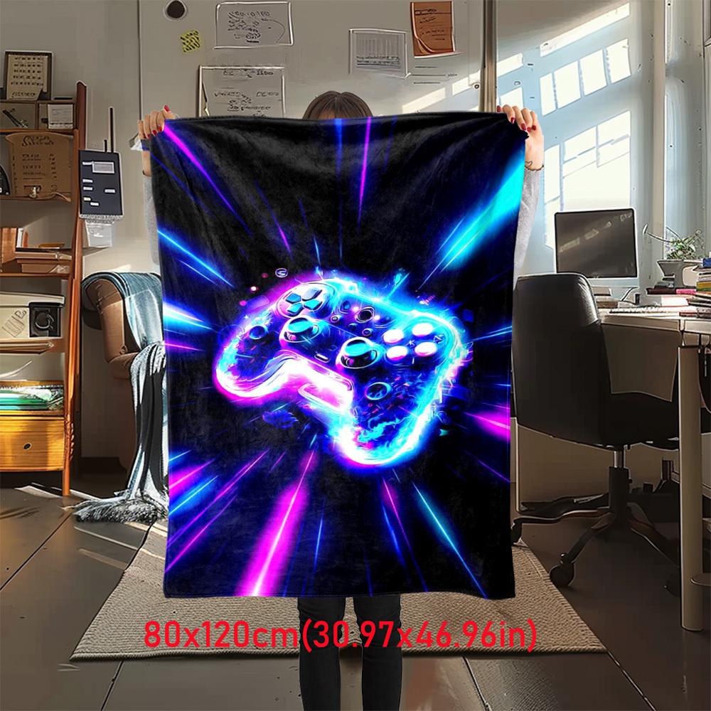 1Pc Gaming Controller Neon Lights Print Flannel Blanket, Comfortable for All Seasons, Home Decor, Warmth and Comfort, Perfect for Christmas Gifts