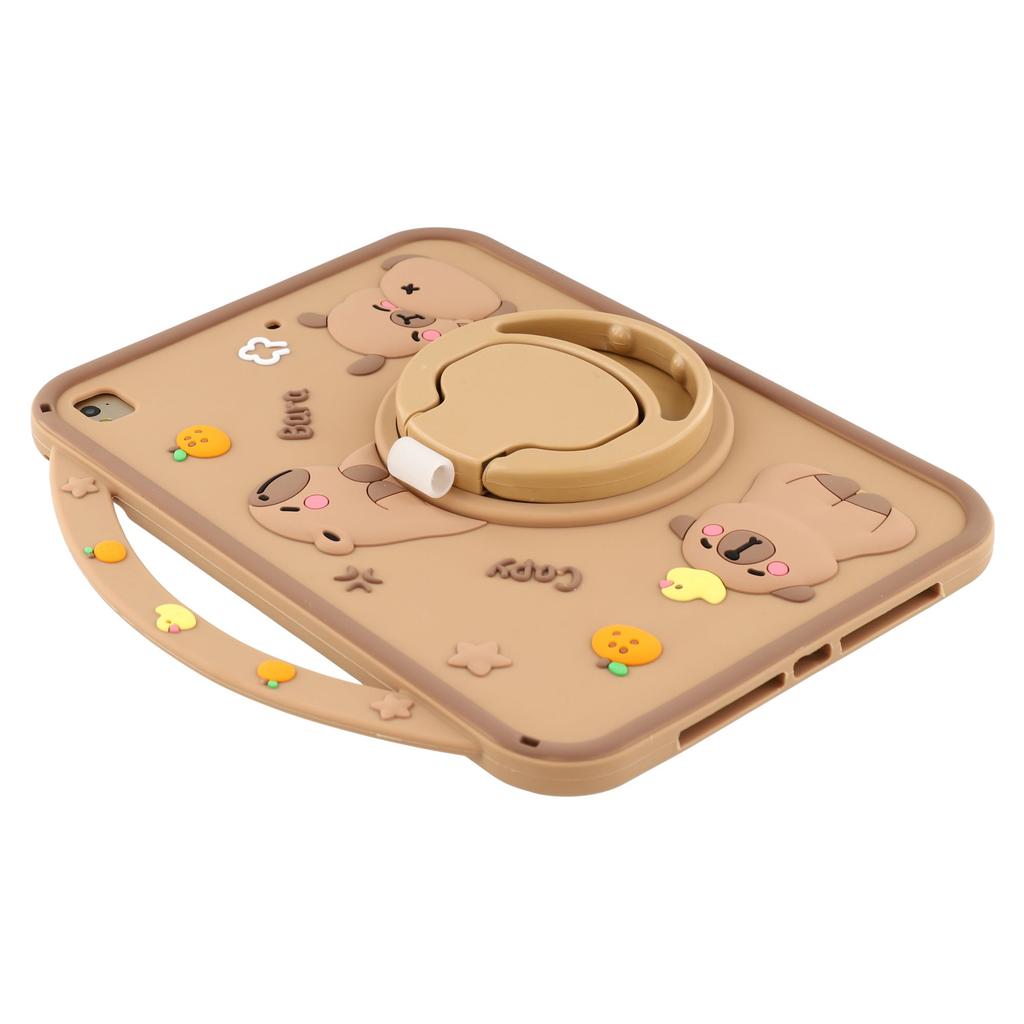 For iPad 9.7-inch (2018)/(2017) Silicone Case with Handle 360 Degree Rotating Kickstand Protective Cover Capybara Pattern