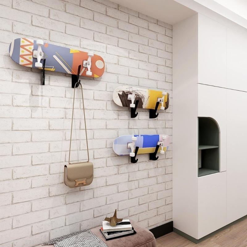 652F Acrylic Skateboard Wall Hangers with Hooks Securely Showcase Horizontal Storage Rack Sturdy Skateboard Storage nero