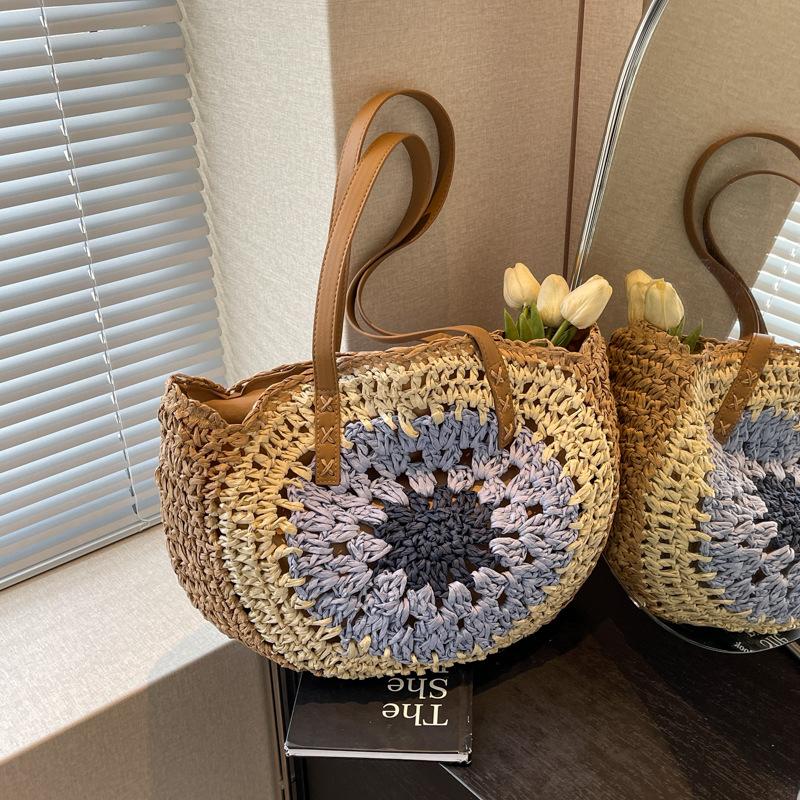 

Новая плетеная сумка-тоут с полым узором, большая сумка-диск из соломы, повседневная пляжная сумка на плечо, модная плетеная сумка, женская сумка синий