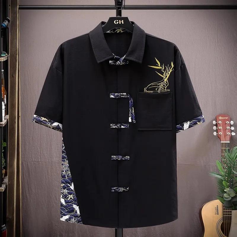 

Рубашка в китайском стиле в национальном стиле, мужская летняя рубашка из шелка с короткими рукавами, повседневный топ с пряжкой из пряжки из национального стиля XXL чёрный