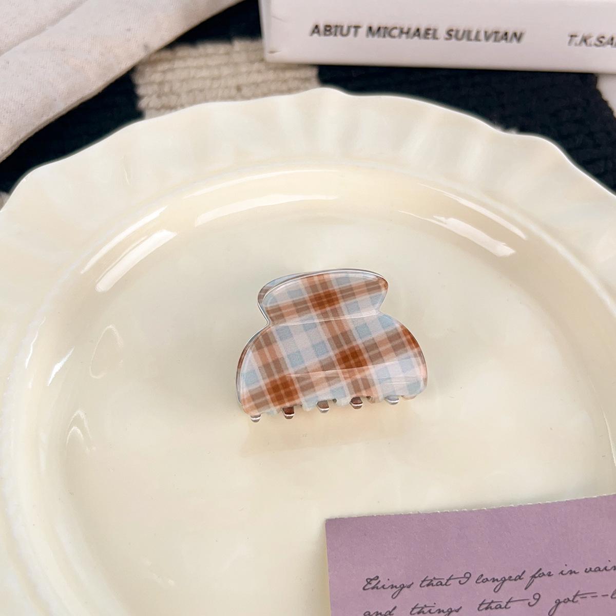 Brown & Blue Plaid PVC Claw Clip for Retro High Ponytails - Women s Shark Clip Hair Accessory
