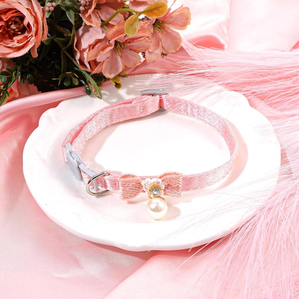 Cat Collar Breakaway, Adjustable Pink Cat Collar with Pearl Pendant, Cute Cat Collars with Safety Buckle Pink Bowtie Kitten Collars for Girl Cats