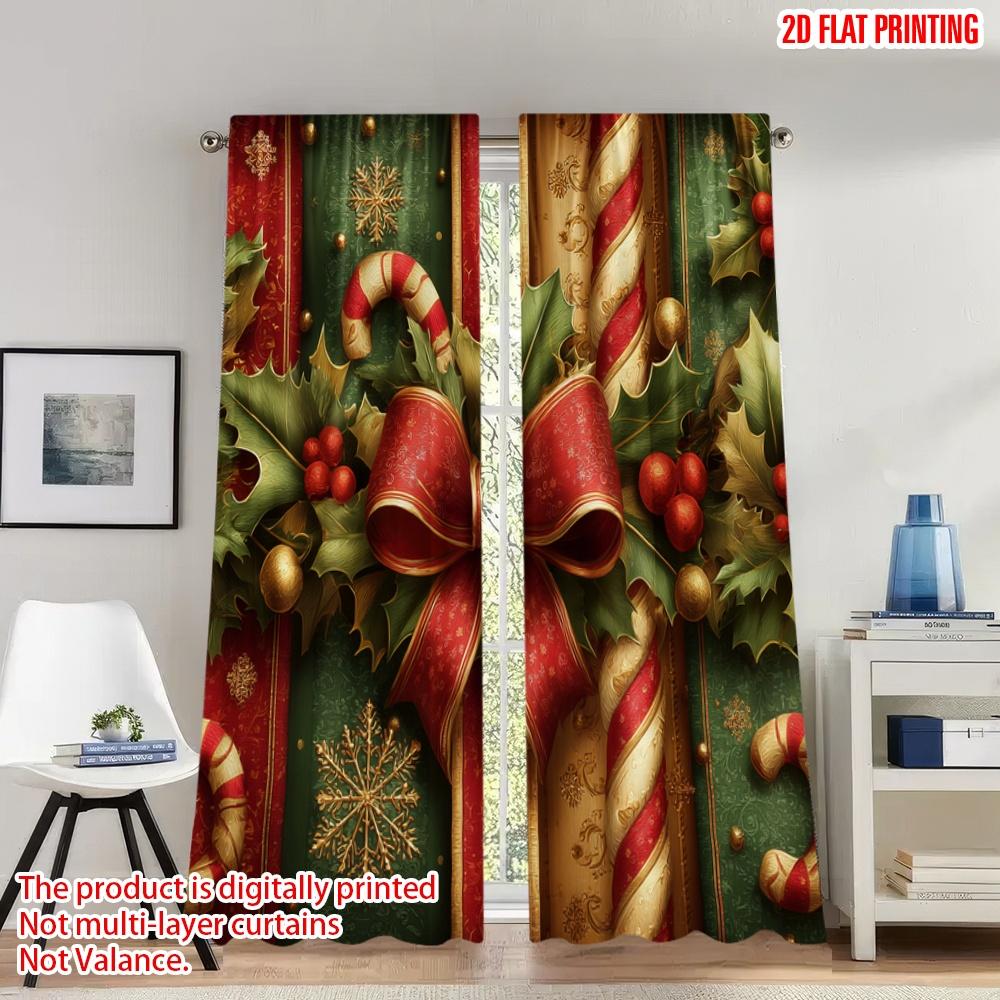 

Flat Printing Merry Christmas Trendy Curtains Holly Candy Cane Bow Digital Printed Polyester Drapes Family Curtain Set Of 2 Made Washable W100*H70(CM)-Hooks&1PCS