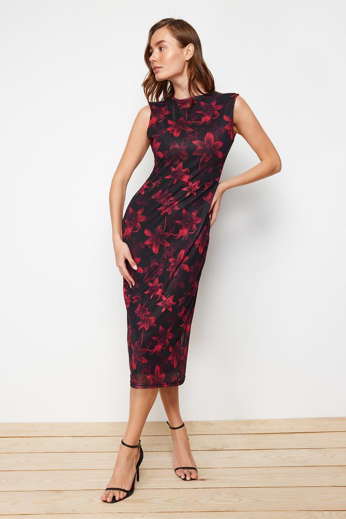 Modisches, lässiges, ärmelloses, fuchsiafarbenes, plissiertes Strick-Midikleid mit Gürtel für Damen