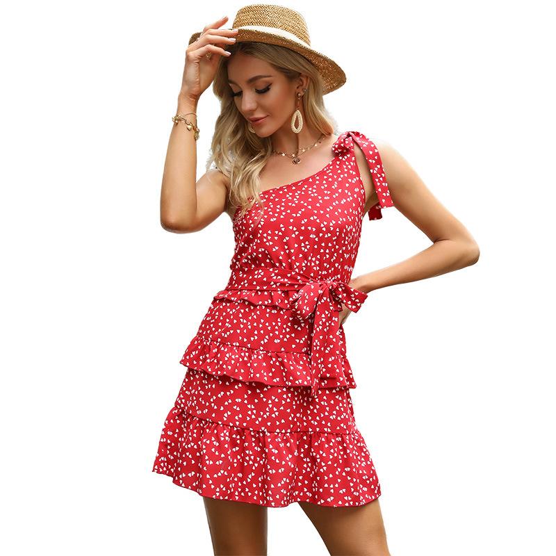 Summer Red Waist One Shoulder Slant Shoulder Print Slim Fit Dress