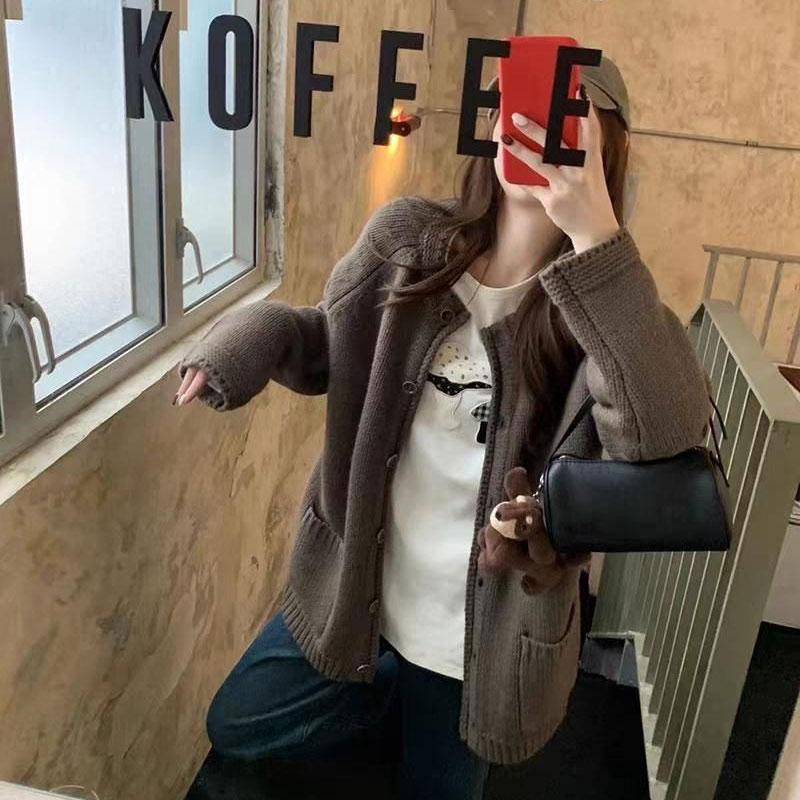 Stilvoller Basic Uni-Strickcardigan Damenbekleidung Lässig Rundhalsausschnitt Herbst Winter Locker Einreiher Koreanische Pullover