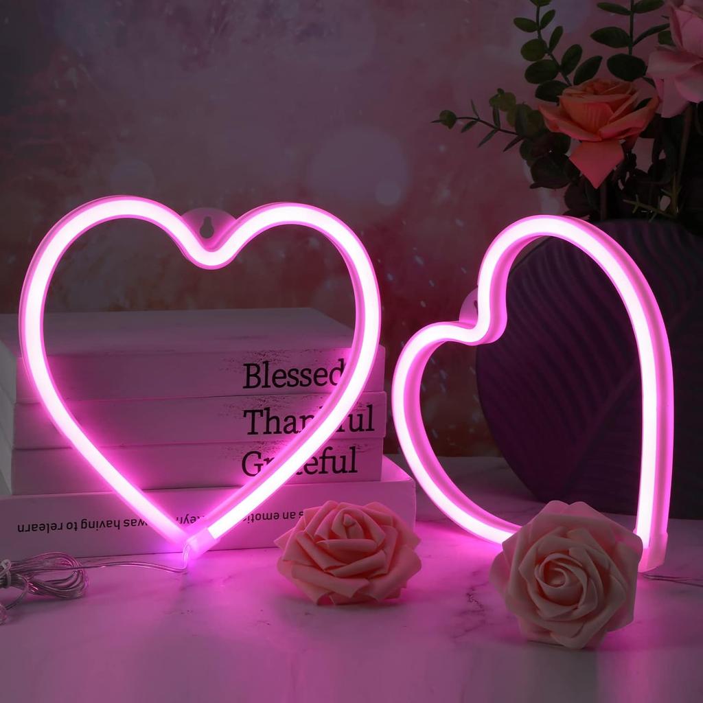 2 Pcs Valentine's Day Neon Heart Lights Pink Heart Neon Signs LED Valentines Day Decor Battery Operated or USB Powered Heart LED Lights for Girls