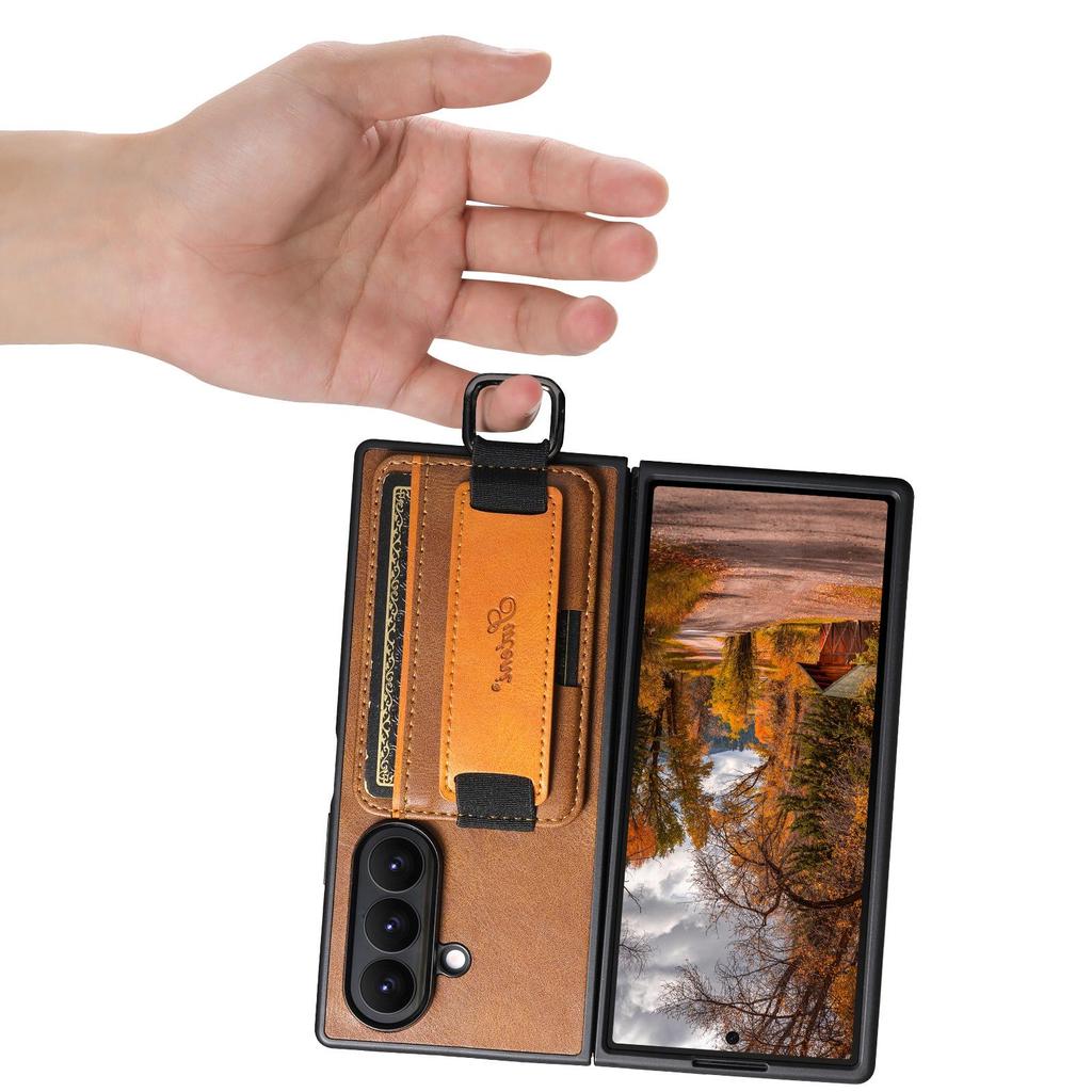 SUTENI Oil Wax Texture Leather Case for Samsung Z Fold 7/6/5 with Wrist Strap, Card Slot, and Stand