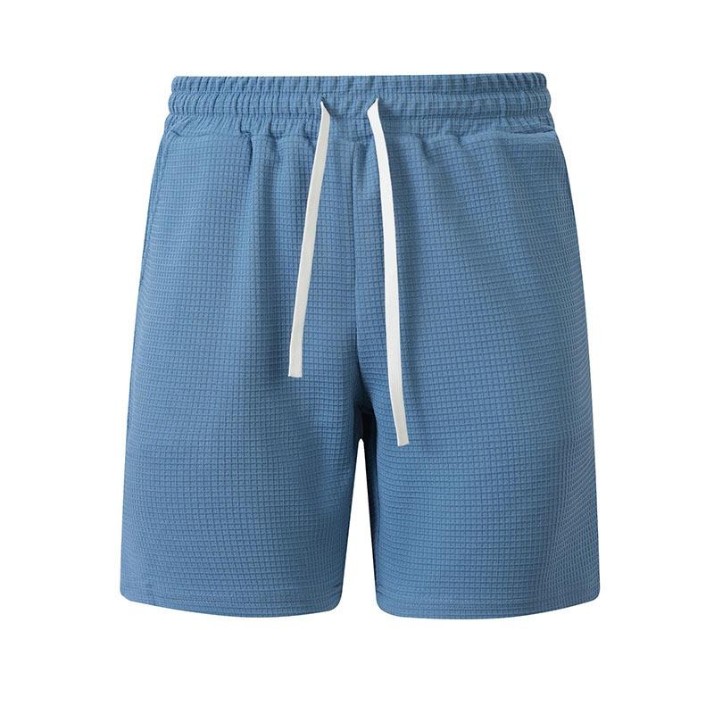 Mens Solid Color Waffle Drawstring Pockets Casual Straight Summer Shorts