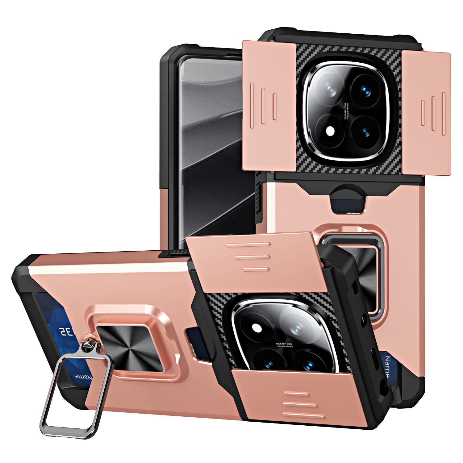 

Чехол для телефона Xiaomi Redmi Note 14 Pro 4G/5G/Note 14 Pro+ 5G с подставкой, сдвижной крышкой для объектива, из ПК+ТПУ, с отделением для карты Rose Gold