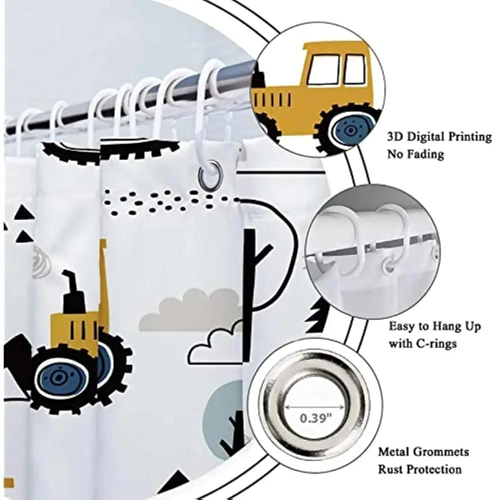 Kid Excavator Shower Curtain Tractor Mechanic Truck Construction Vehicle Boys' Bulldozer Crane Hanging Curtains Bathroom Decor