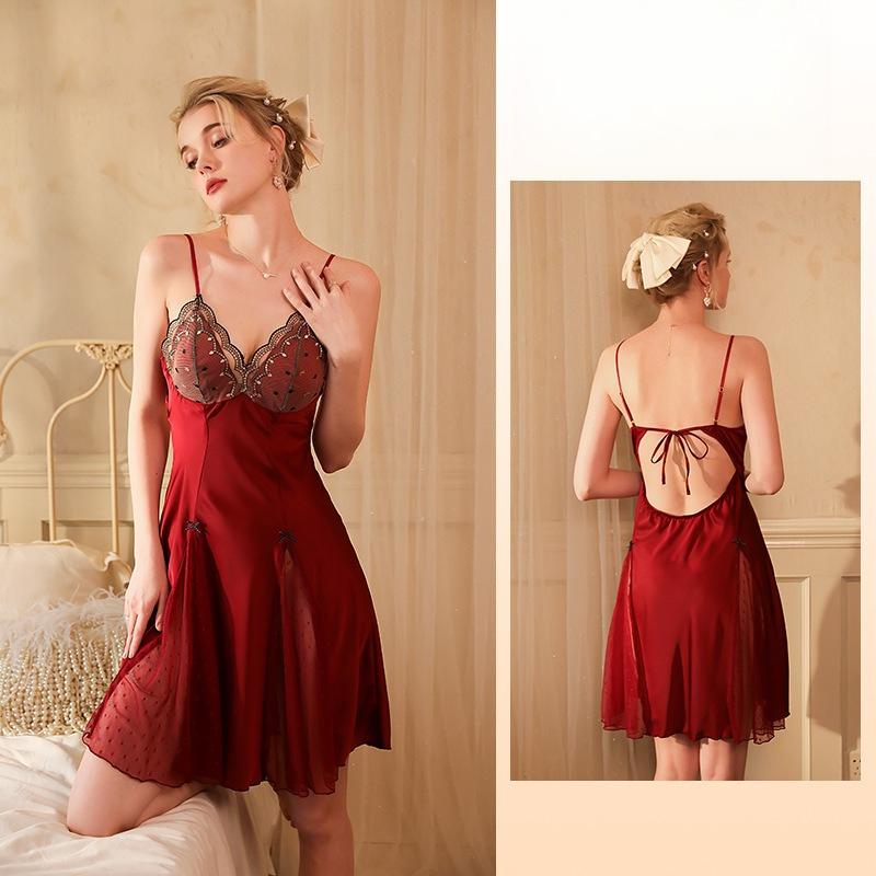 Sexy Ice Silk Satin Nightgown Built-in Bra Lace Cami Loungewear 427 (Can Be Worn Outside) Practical Stylish Sleepwear Suitable for Lounging Errands