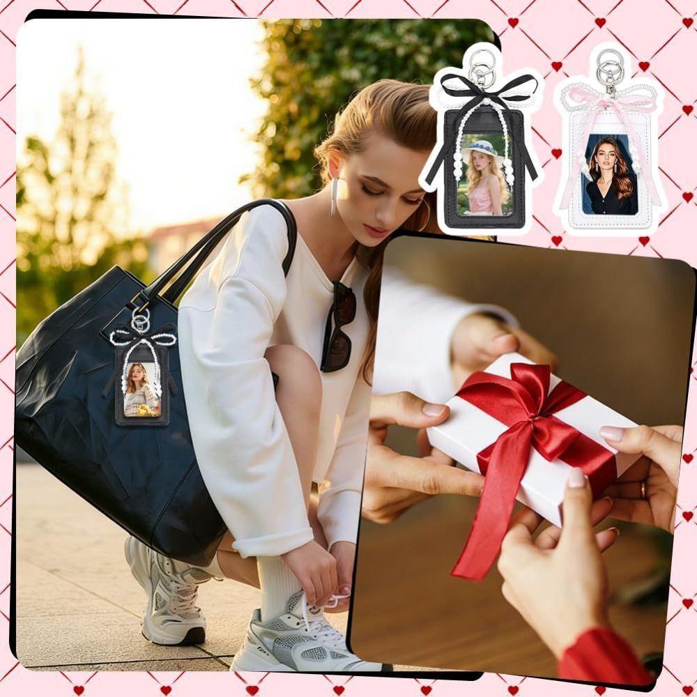 Estiloso Estilo INS Fofo Porta-Cartão Fotográfico Decorativo Protetor Estojo para Cartão Fotográfico de Meninas Estojo para Cartão de Identificação PU Macio Laço de Pérola Cartão Bancário