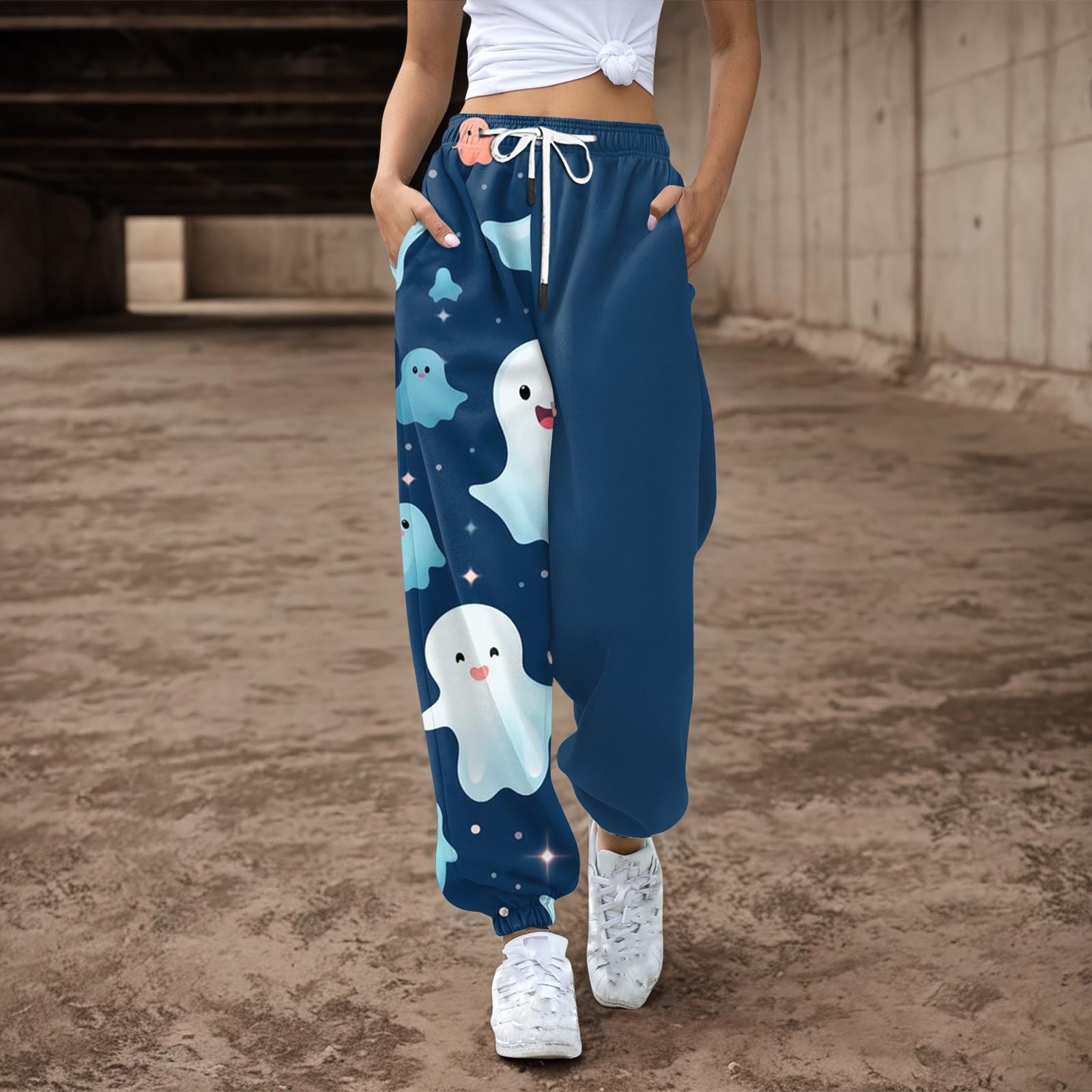 

Женские повседневные брюки с принтом на Хэллоуин, эластичные брюки с завязками на талии L тёмно-синий