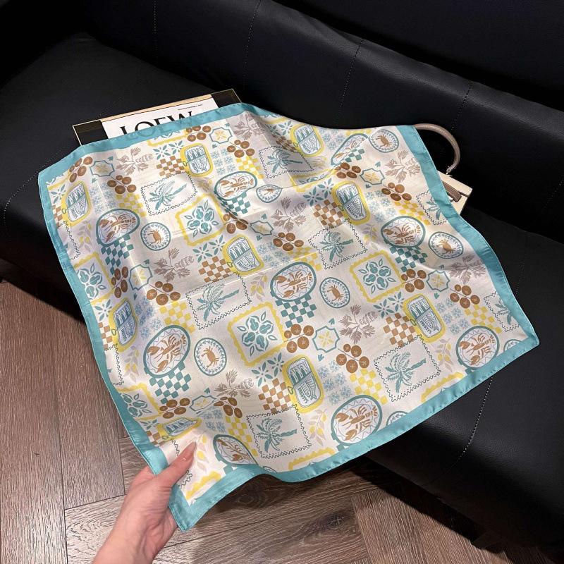 Fashion Black and White Printing Temperament Square Scarf Imitation Silk Korean Version Decorative Scarf Scarf Professional Decorative Shawl Silk Scar
