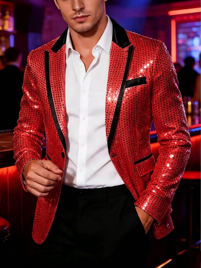 Men Sequined Slim Fit Blazer Nightclub Party Performance Formal Suit Jacket