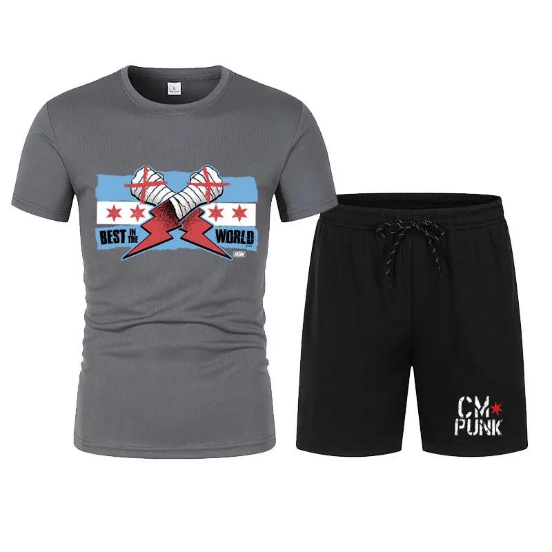 Herren Schwarz Return of CM Punk T-Shirt Shorts Set Sommer Kurzarm Mann Übergroße Anzüge 2024 Neue Mode Bekleidungssets