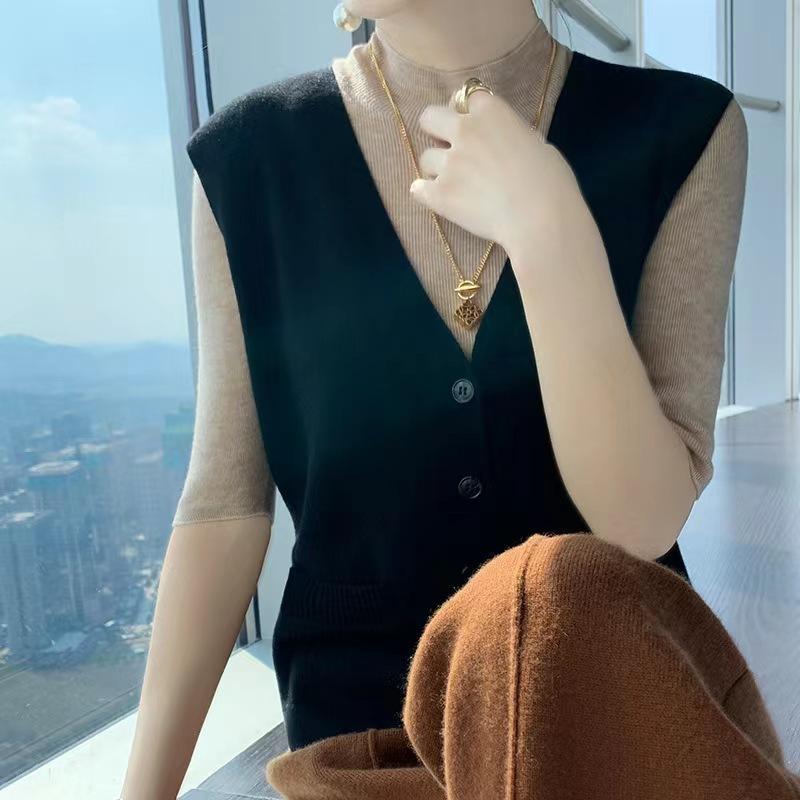 Jarní nový V-výstřih vesta, Dámská pletená vesta bez rukávů, Volný a zeštíhlující svetrový vestička