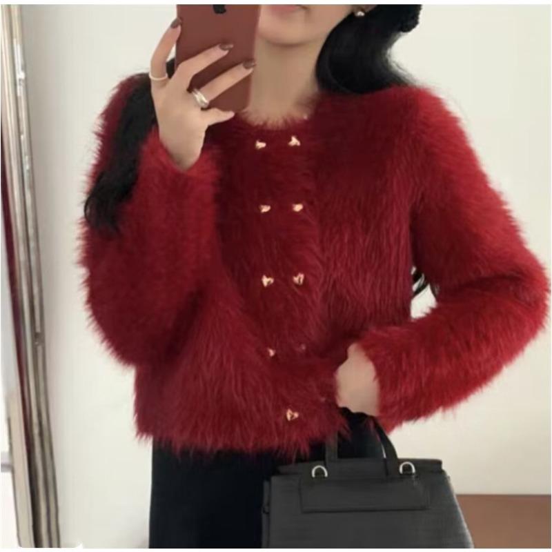 Знаменитый маленький парфюмированный норковый вязаный кардиган женский осенне-зимний круглый вырез однотонный двубортный свитер женский One Size красный 1759₽
