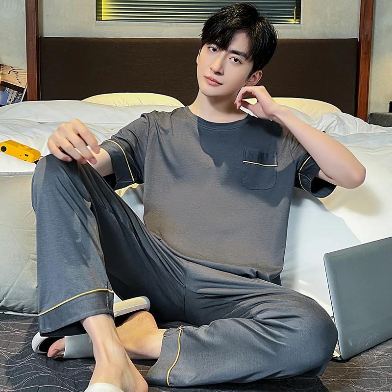 Modal Men's Homewear Pajamas O-neck Short Sleeve Long Pant Soft Smooth Elastic Comfortable Sleepwear