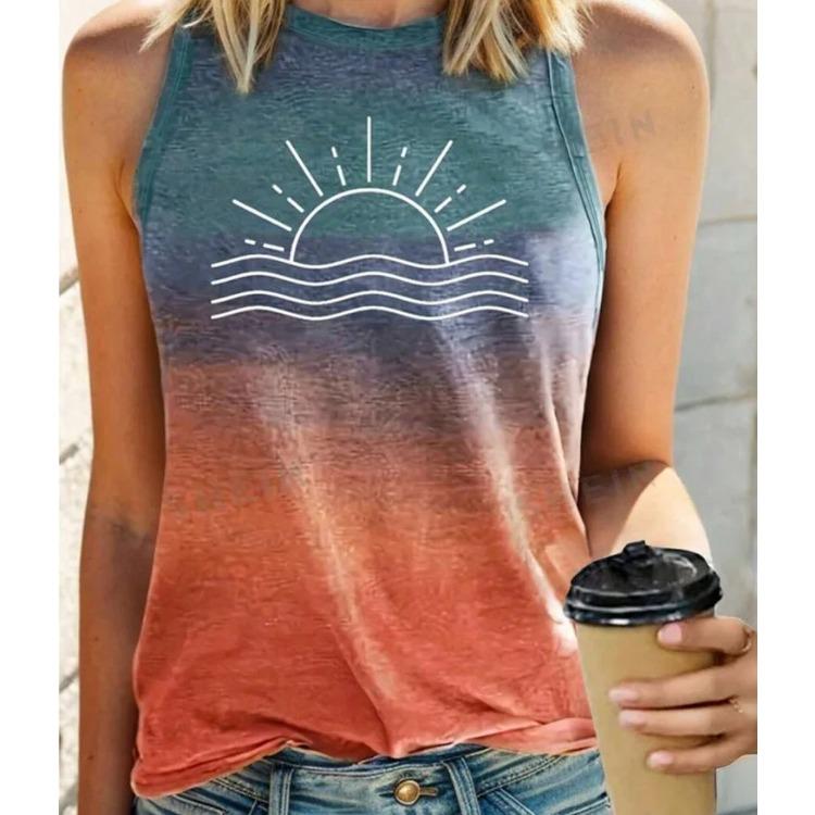 Women's Sleeveless Round-neck Vests Fashionable Coconut Tree Pattern Printed Summer Street Fashion Outdoor Beach Casual Wear