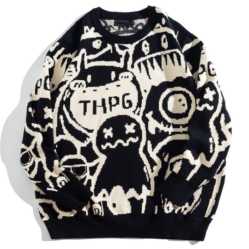 

Жаккардовый мужской легкий влагоотводящий свитер большого размера, устойчивый к сминанию - Круглый вырез, Свободный крой, Модный и трендовый, Утолщенный для тепла 4XL чёрный